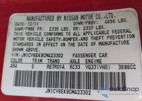 2012 Infiniti G37 Journey from USA, damaged, VIN JN1CV6EK9CM423302